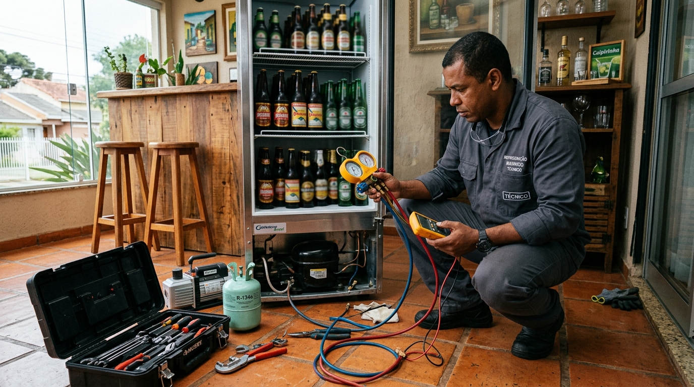 Profissional executando reparo no motor de cervejeira em Guarulhos‑SP