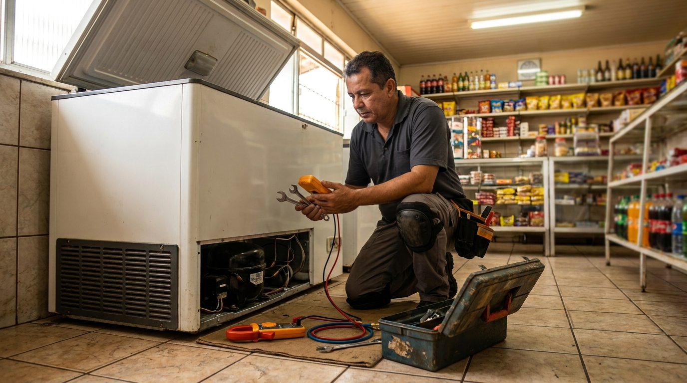 Profissional executando manutenção no motor de freezer em Guarulhos‑SP