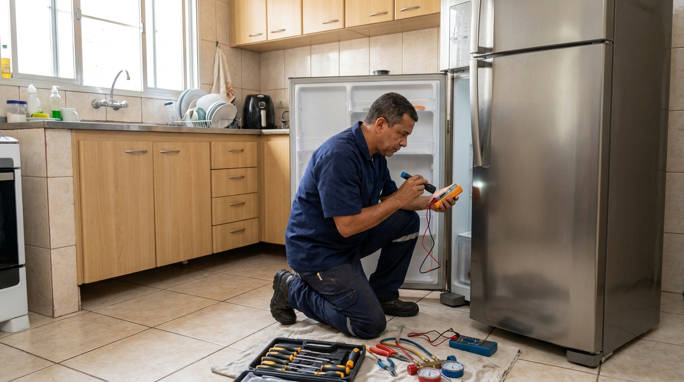 Técnico aplicando recarga de gás refrigerante em geladeira na Invernada, Guarulhos‑SP